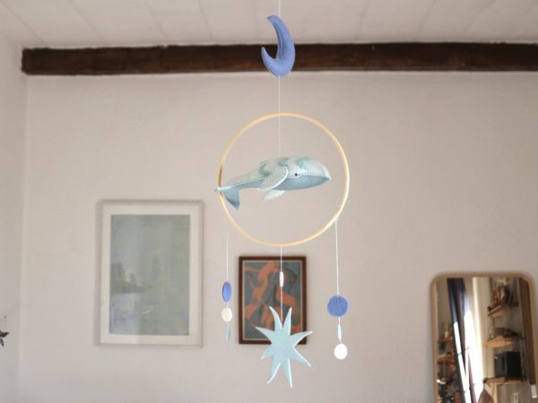 Whale felt mobile - moon and stars