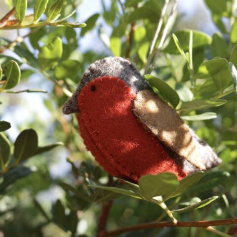 Hanging fir tree robin natural material