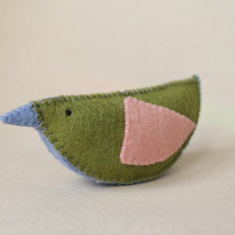 Green and pink natural wool felt bird rattle