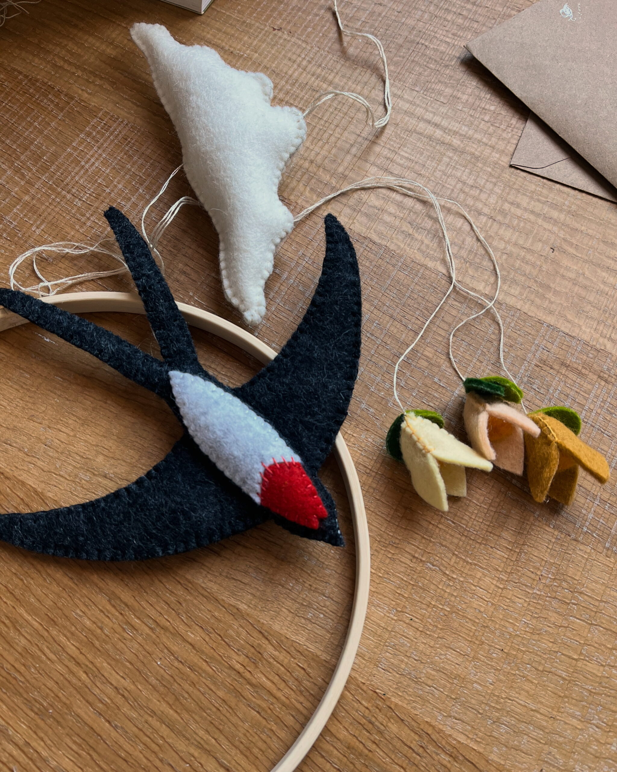 Felt baby mobile being made